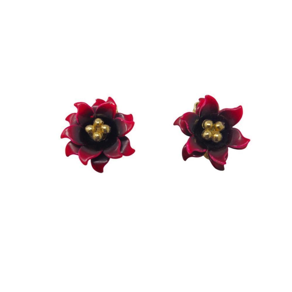 Vintage Coro flower clip-on earrings with layered red and black enamel